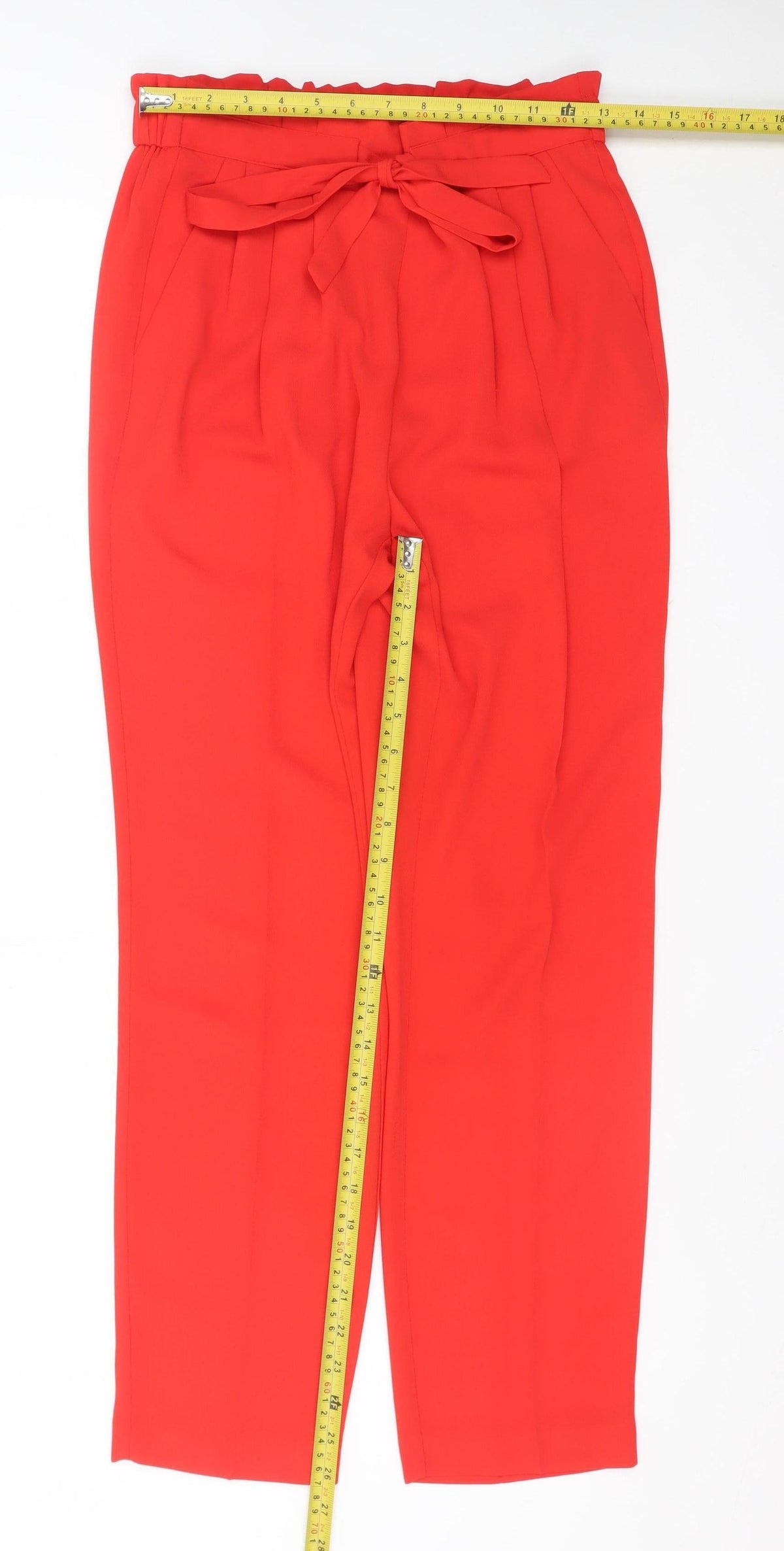 Primark Women Red Paperbag Trousers Size 10 Belted High Waist