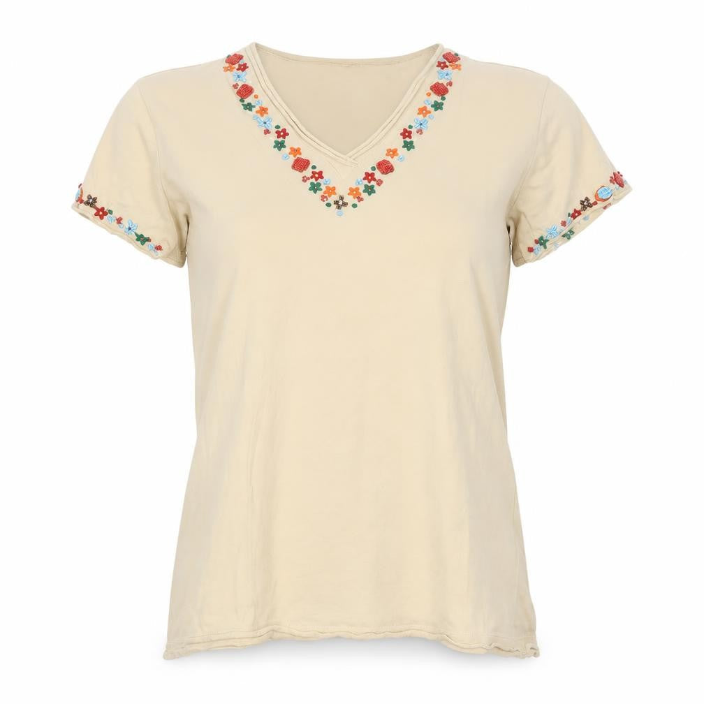Tommy Hilfiger Womens Beige Embroidered V-Neck Cotton T-Shirt M