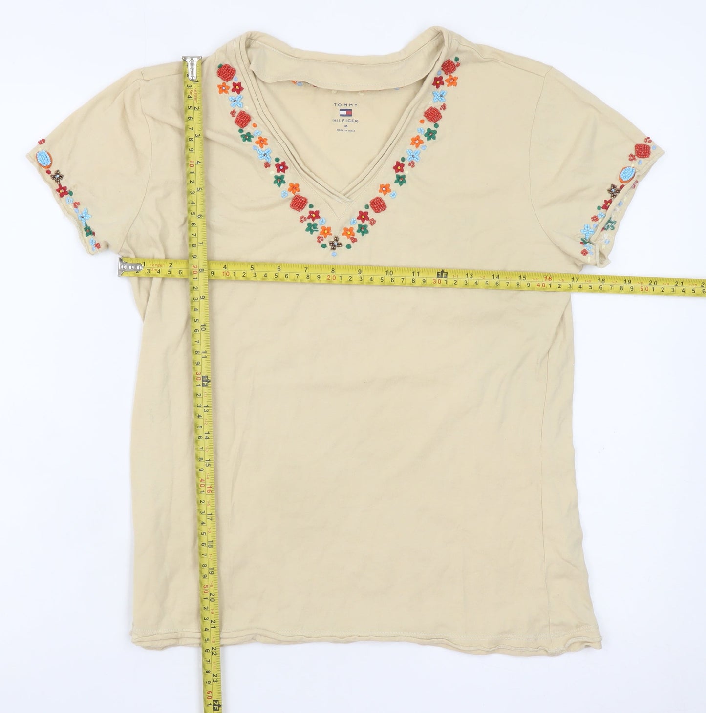Tommy Hilfiger Womens Beige Embroidered V-Neck Cotton T-Shirt M