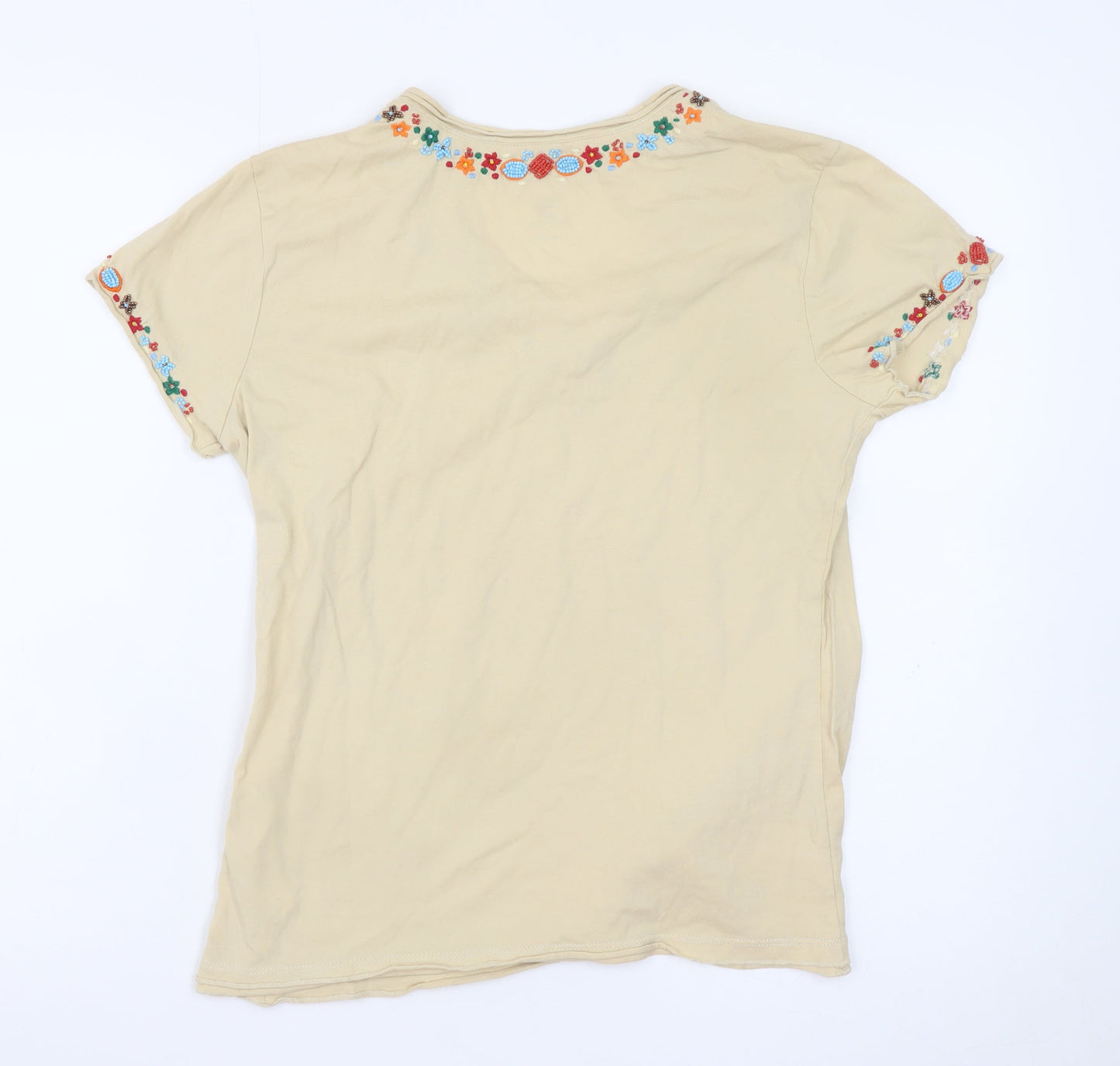 Tommy Hilfiger Womens Beige Embroidered V-Neck Cotton T-Shirt M