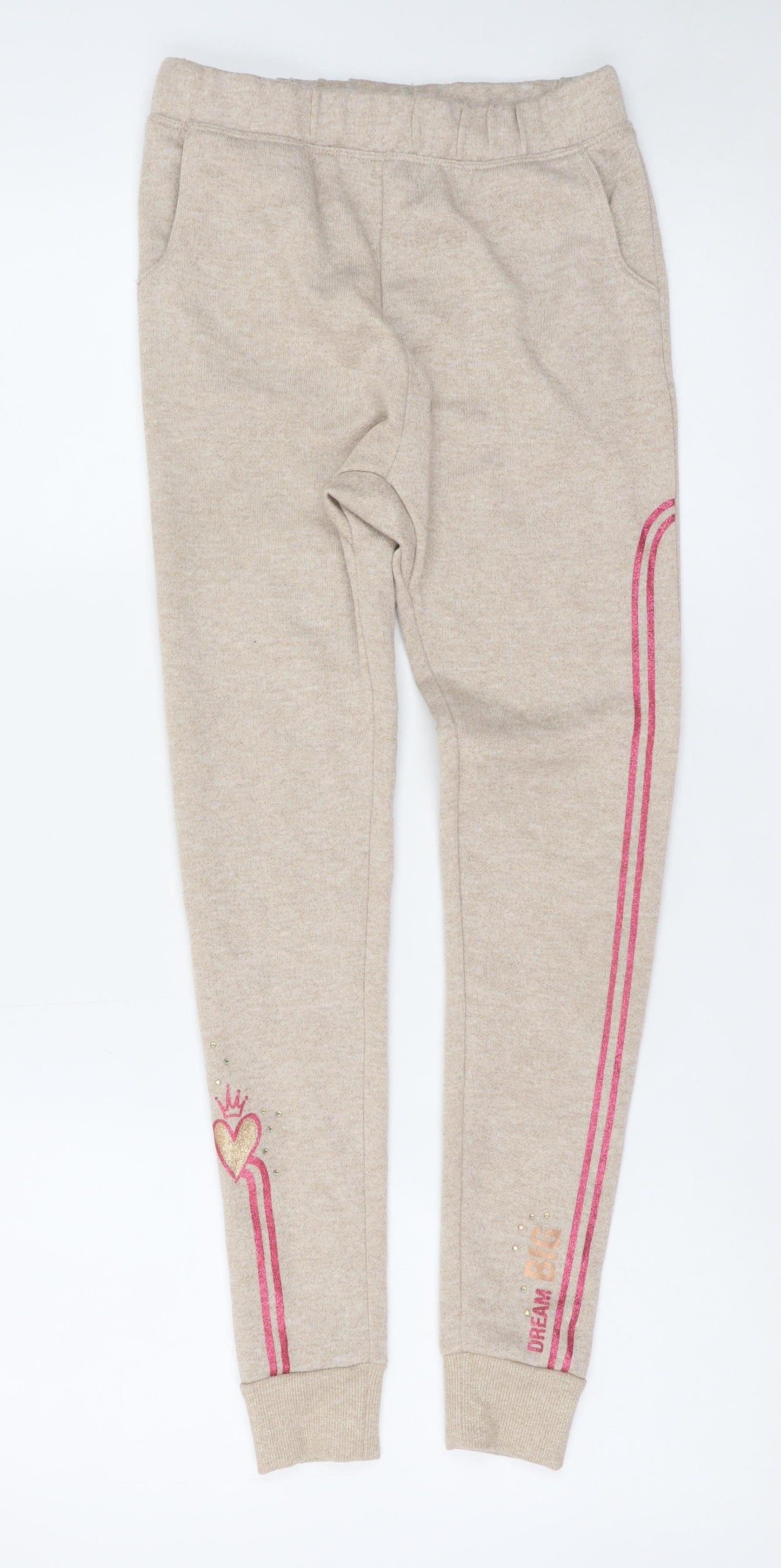 Disney Girls Beige Jogger Sweatpants 7-8 Years Dream Big Glitter Heart Trim
