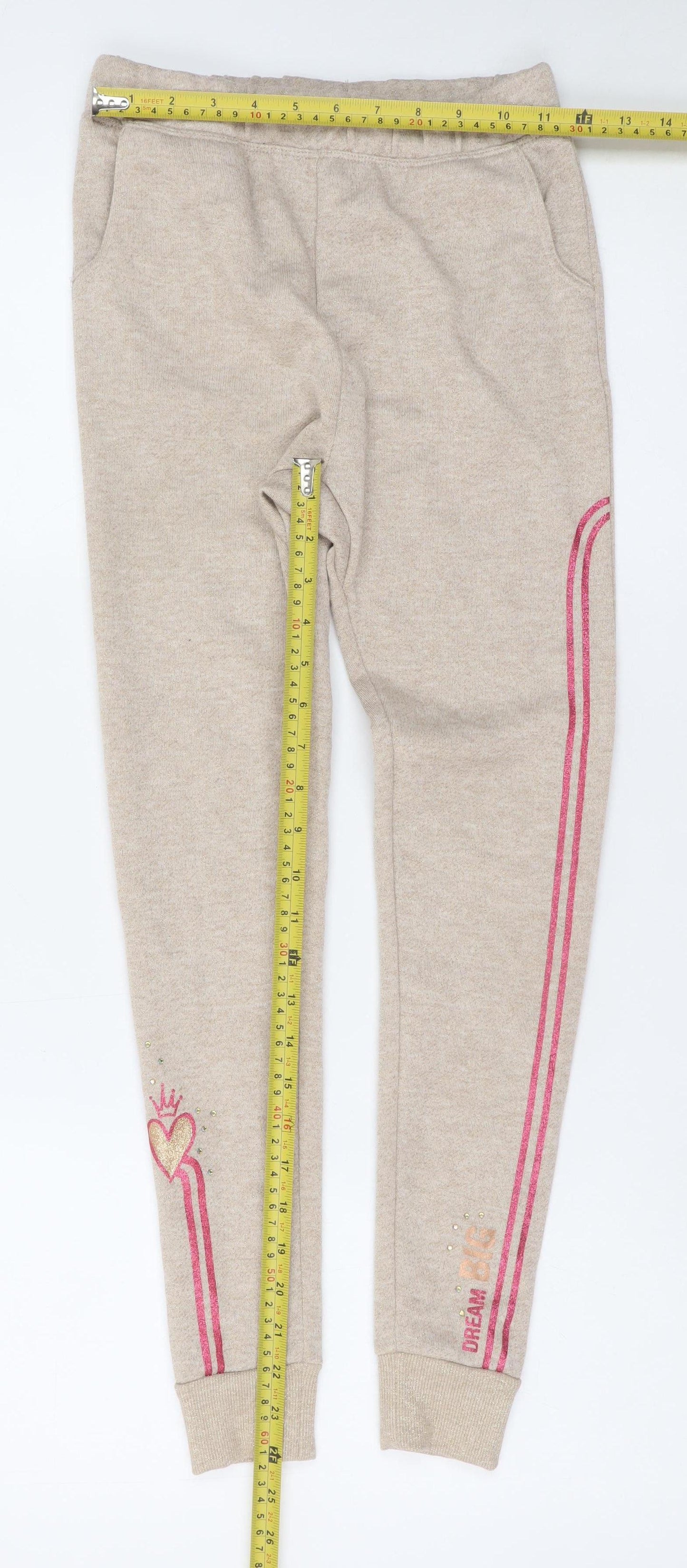 Disney Girls Beige Jogger Sweatpants 7-8 Years Dream Big Glitter Heart Trim