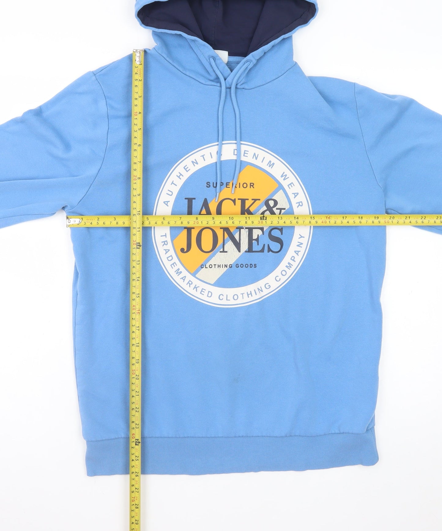 Jack & Jones Mens Blue Pullover Hoodie L Graphic Print Casual Sweatshirt