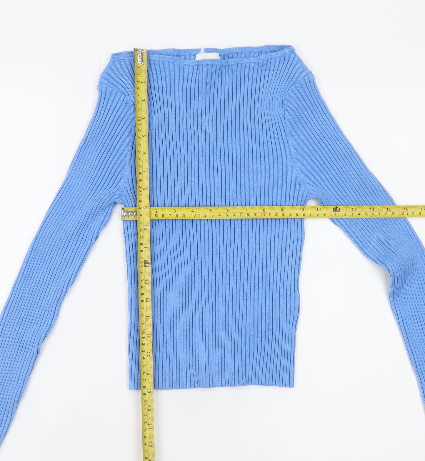 H&M Womens Blue Boat Neck Ribbed Knit Slim Fit Pullover Jumper Size 12
