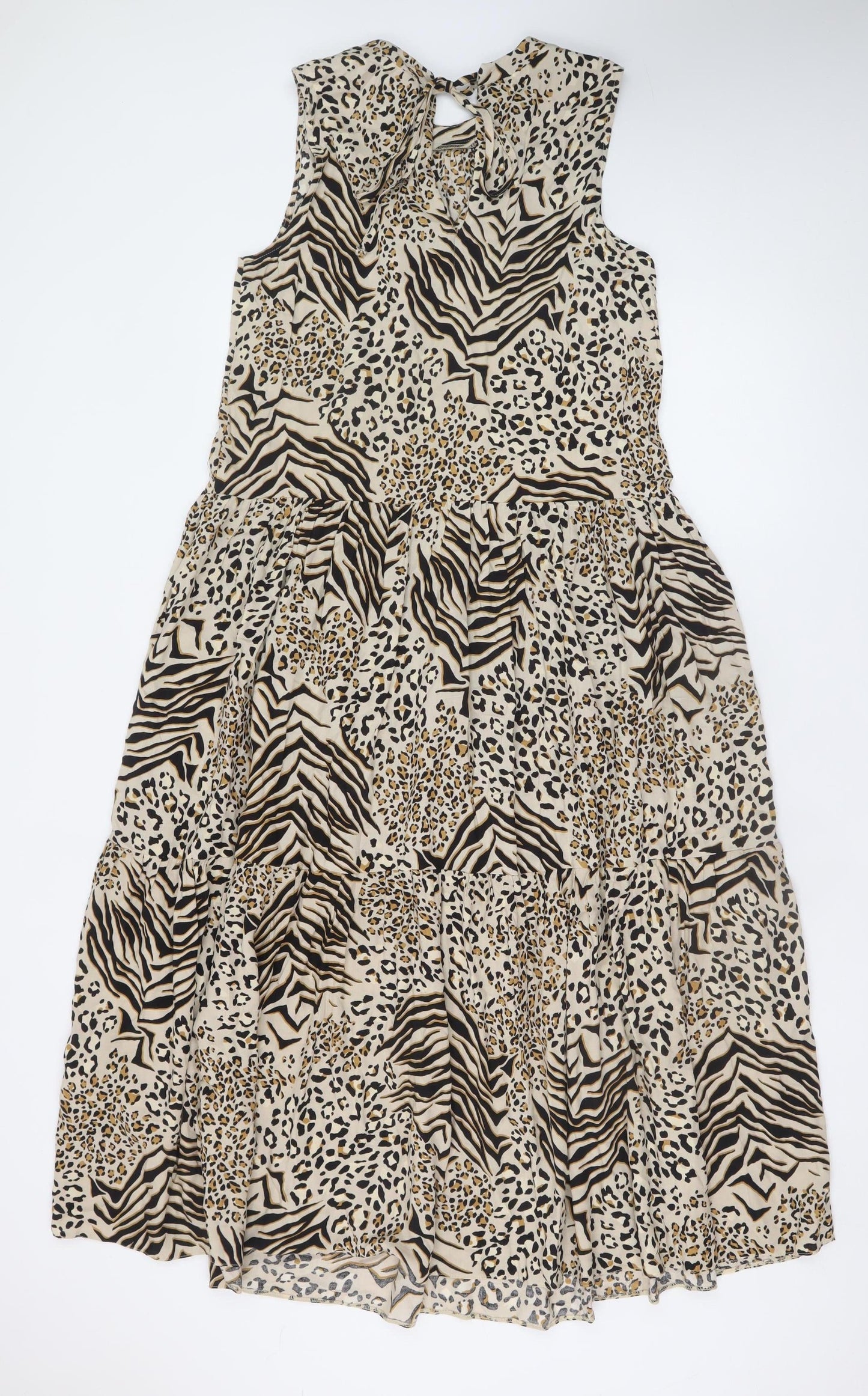 New Look Women Beige Animal Print Midi A-Line Sleeveless Dress Size 12