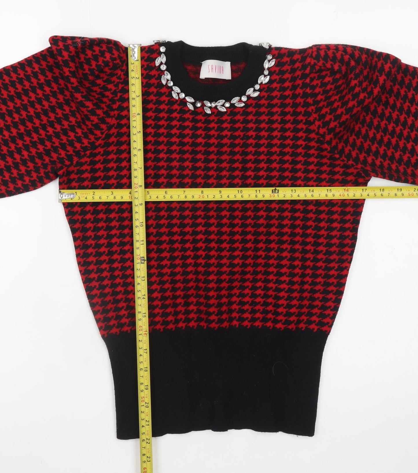 Savida Women Red & Black Houndstooth Jewel Crew Neck Jumper Size 12