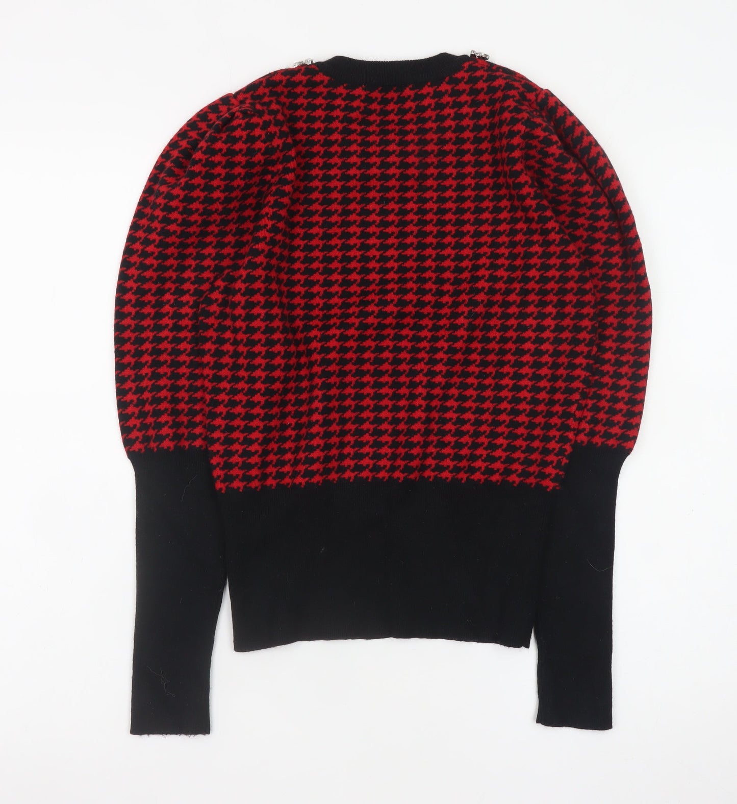 Savida Women Red & Black Houndstooth Jewel Crew Neck Jumper Size 12