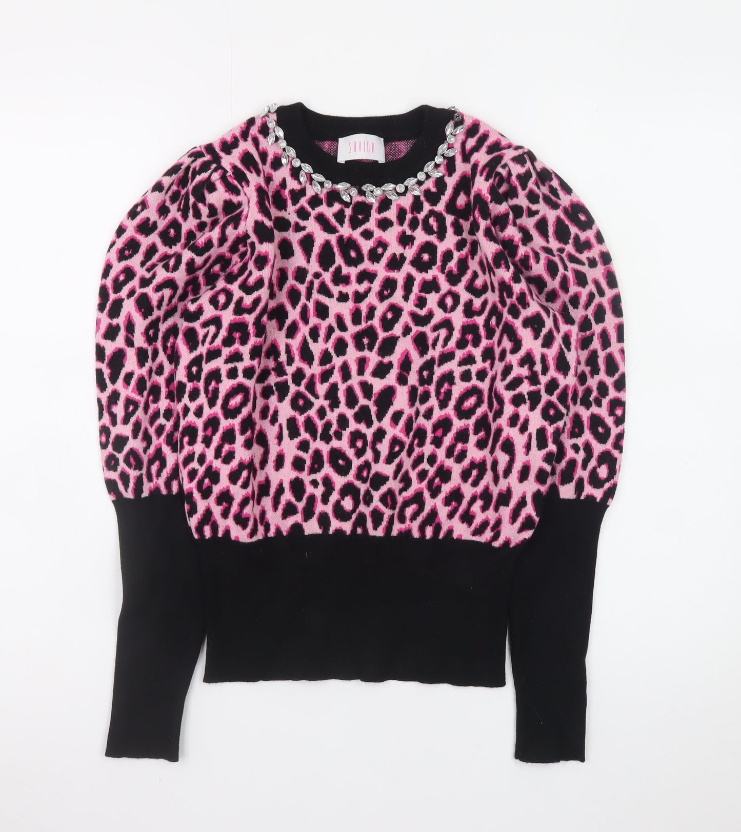 Savida Women's Pink Leopard Jewel Neck Puff Sleeve Jumper Size 12