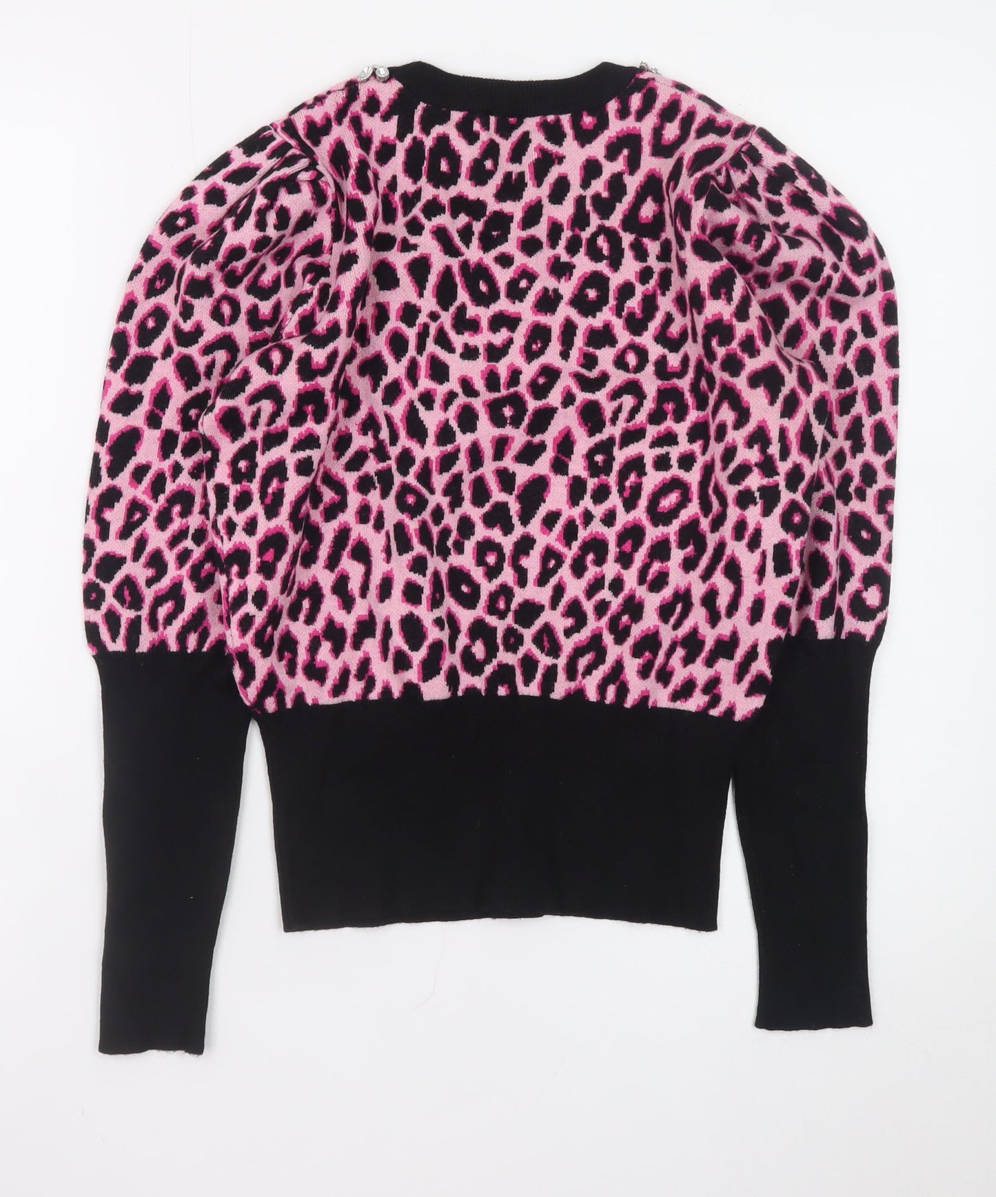 Savida Women's Pink Leopard Jewel Neck Puff Sleeve Jumper Size 12
