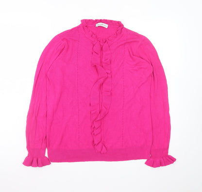 Additional front view of Gallery Women’s Pink Ruffle Neck Long Sleeve jumper, size UK 12