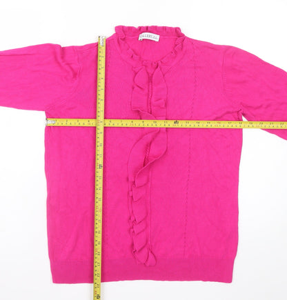 Back view of Gallery Women’s Pink Ruffle Neck Long Sleeve jumper, size UK 12