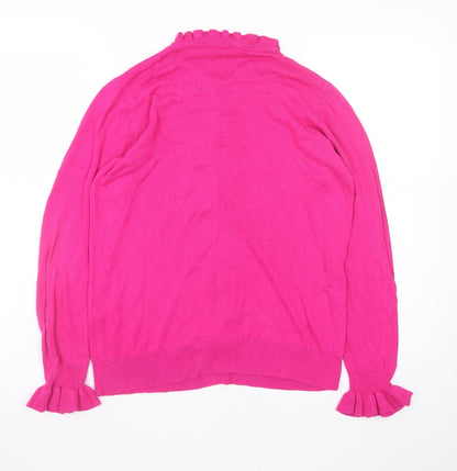 Close-up detail of Gallery Women’s Pink Ruffle Neck Long Sleeve jumper, size UK 12