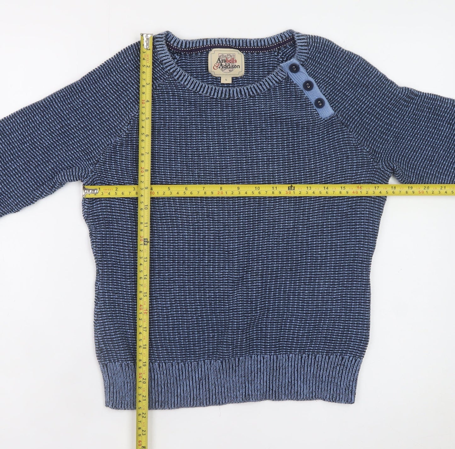 Arabella & Addison Men's Blue Cotton Button Crew Neck Jumper Size L