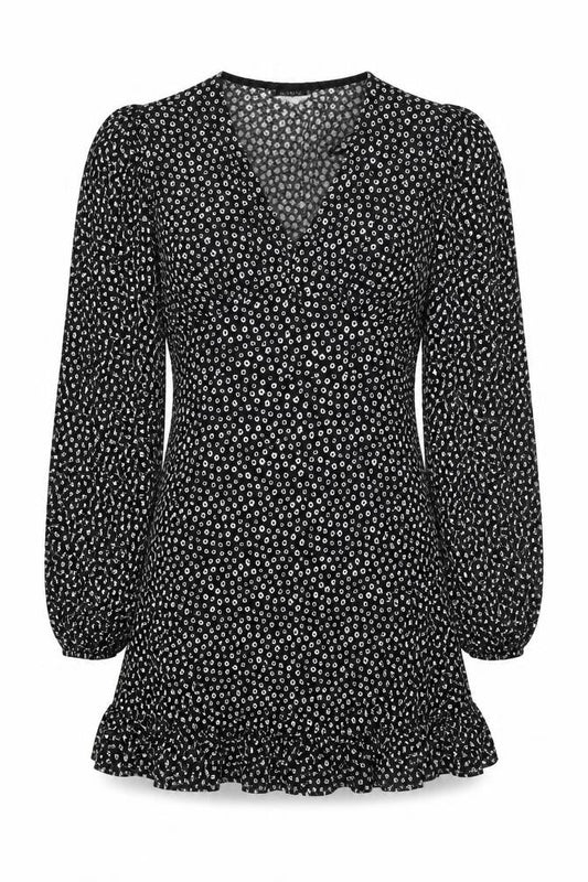 Dunnes Women’s Black Floral Mini Dress Size 8 V-Neck Long Sleeve