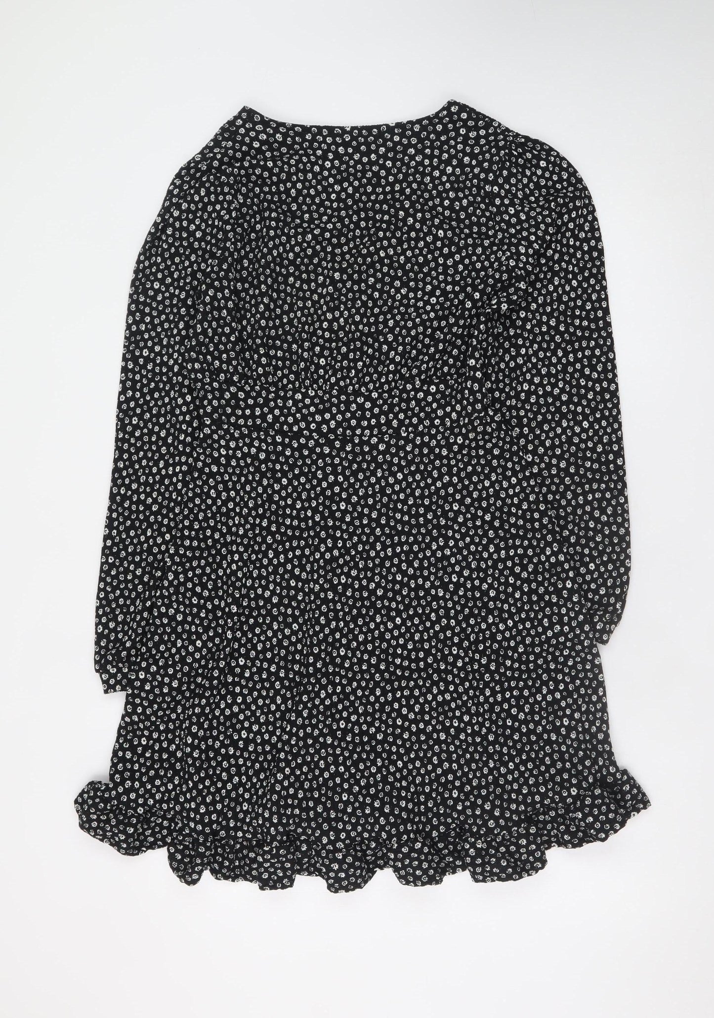 Dunnes Women’s Black Floral Mini Dress Size 8 V-Neck Long Sleeve