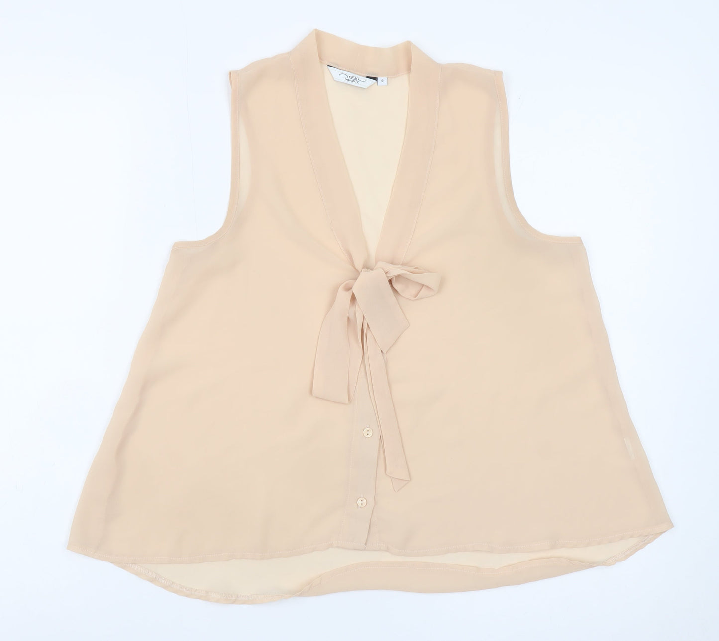 New Look Women Beige Sleeveless Bow Neck Chiffon Blouse Size 8