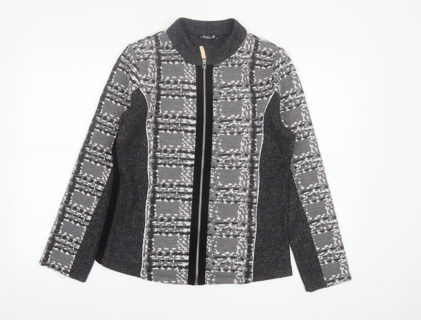 Sophie B Women Grey Check Full Zip Knit Jacket Size 14