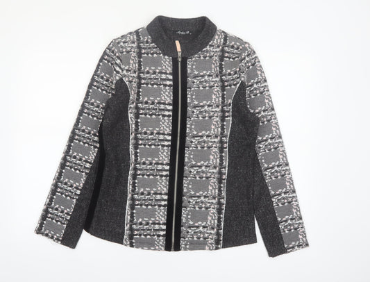Sophie B Women Grey Check Full Zip Knit Jacket Size 14