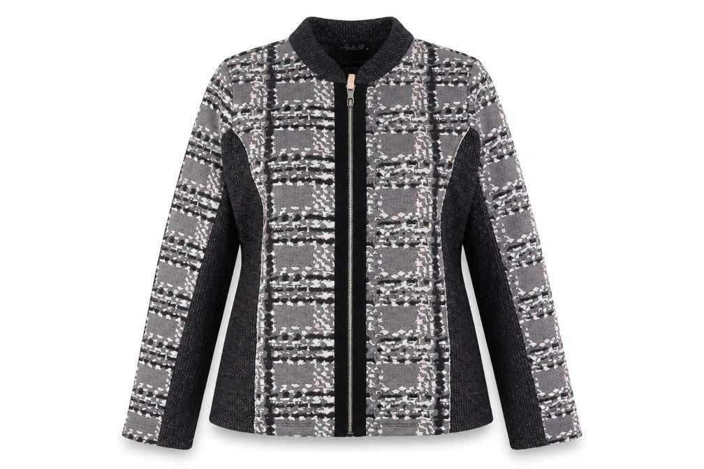 Sophie B Women Grey Check Full Zip Knit Jacket Size 14