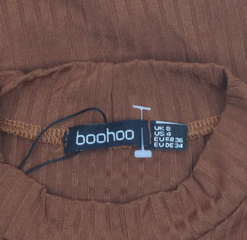 Boohoo Women’s Brown Bodycon Ribbed High Neck Short Sleeve Dress Size 8