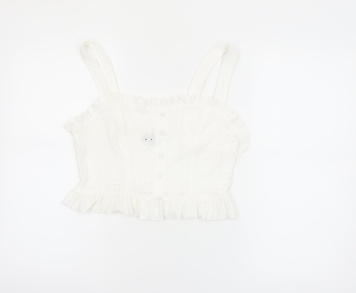 New Look Women's White Cotton Cropped Ruffle Blouse Size 12