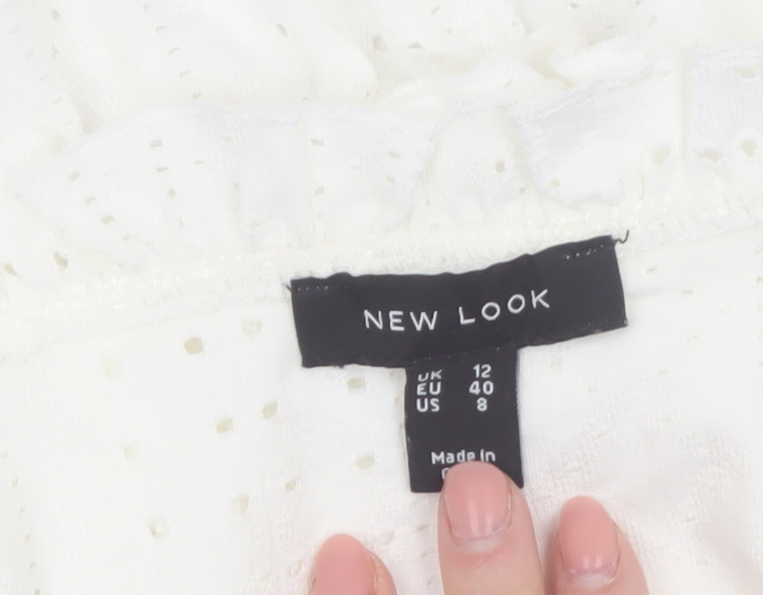 New Look Women's White Cotton Cropped Ruffle Blouse Size 12