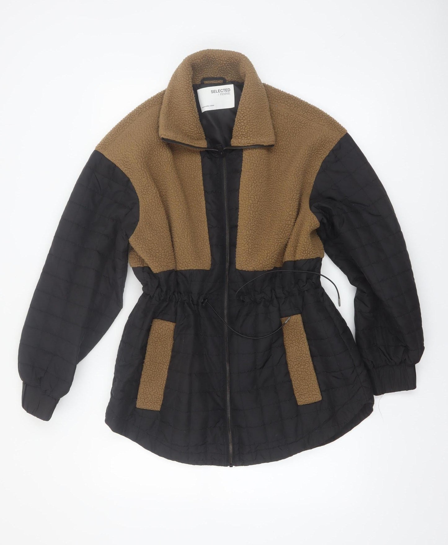 SELECTED FEMME Women's Brown Black Fleece Quilted Mid-Length Jacket Size 10