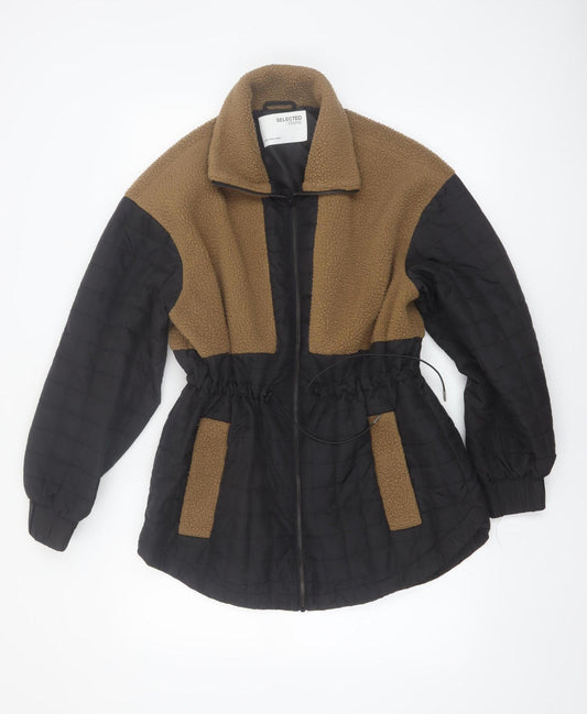SELECTED FEMME Women's Brown Black Fleece Quilted Mid-Length Jacket Size 10