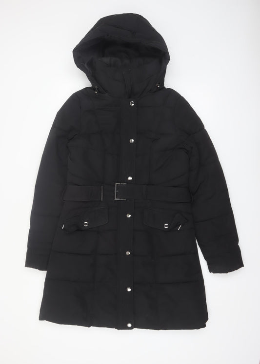Dunnes Stores Women's Black Size 10 Long Belted Hooded Puffer Coat