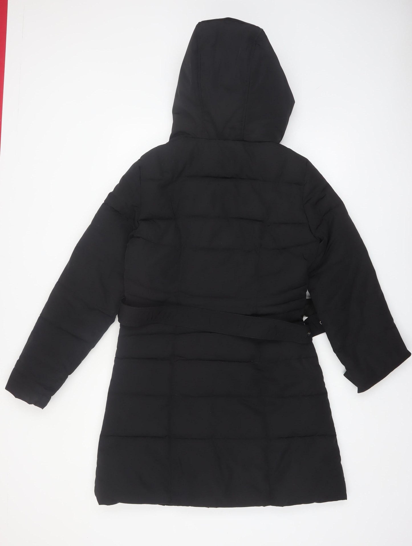 Dunnes Stores Women's Black Size 10 Long Belted Hooded Puffer Coat