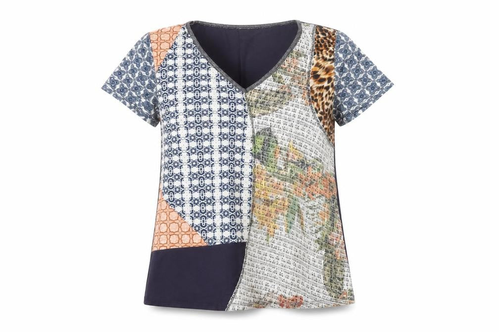 Punt Roma Women's Multicoloured Patchwork V-Neck Short Sleeve T-Shirt Size S