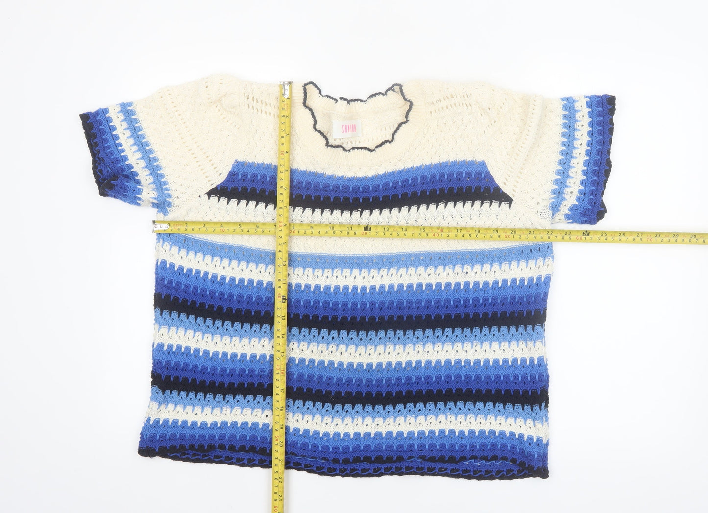Savida Women Blue Crochet Striped Cropped Blouse Size 16