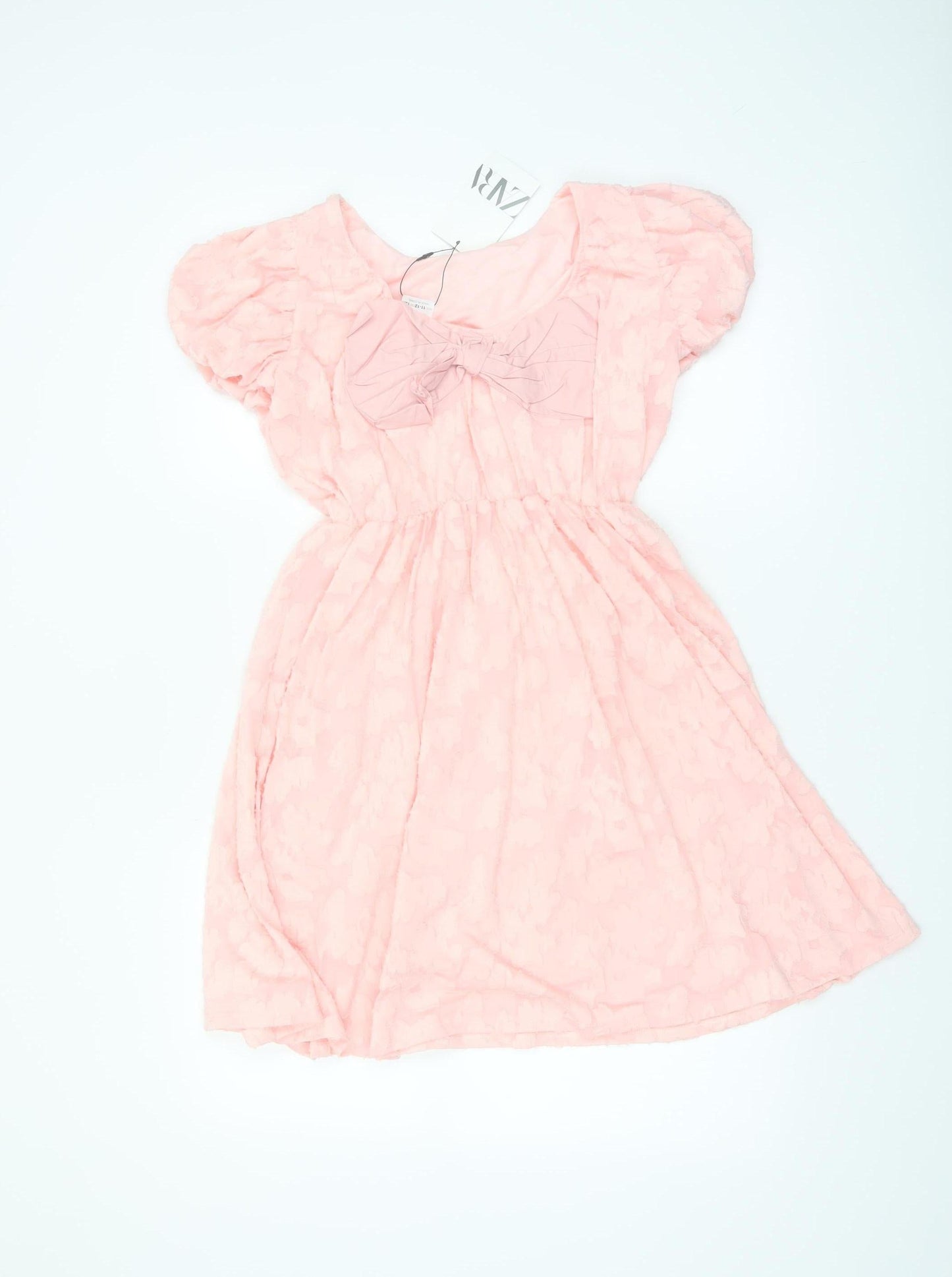 ZARA Girls Pink Bow Puff Sleeve Knee Length Dress Size 11-12 Years