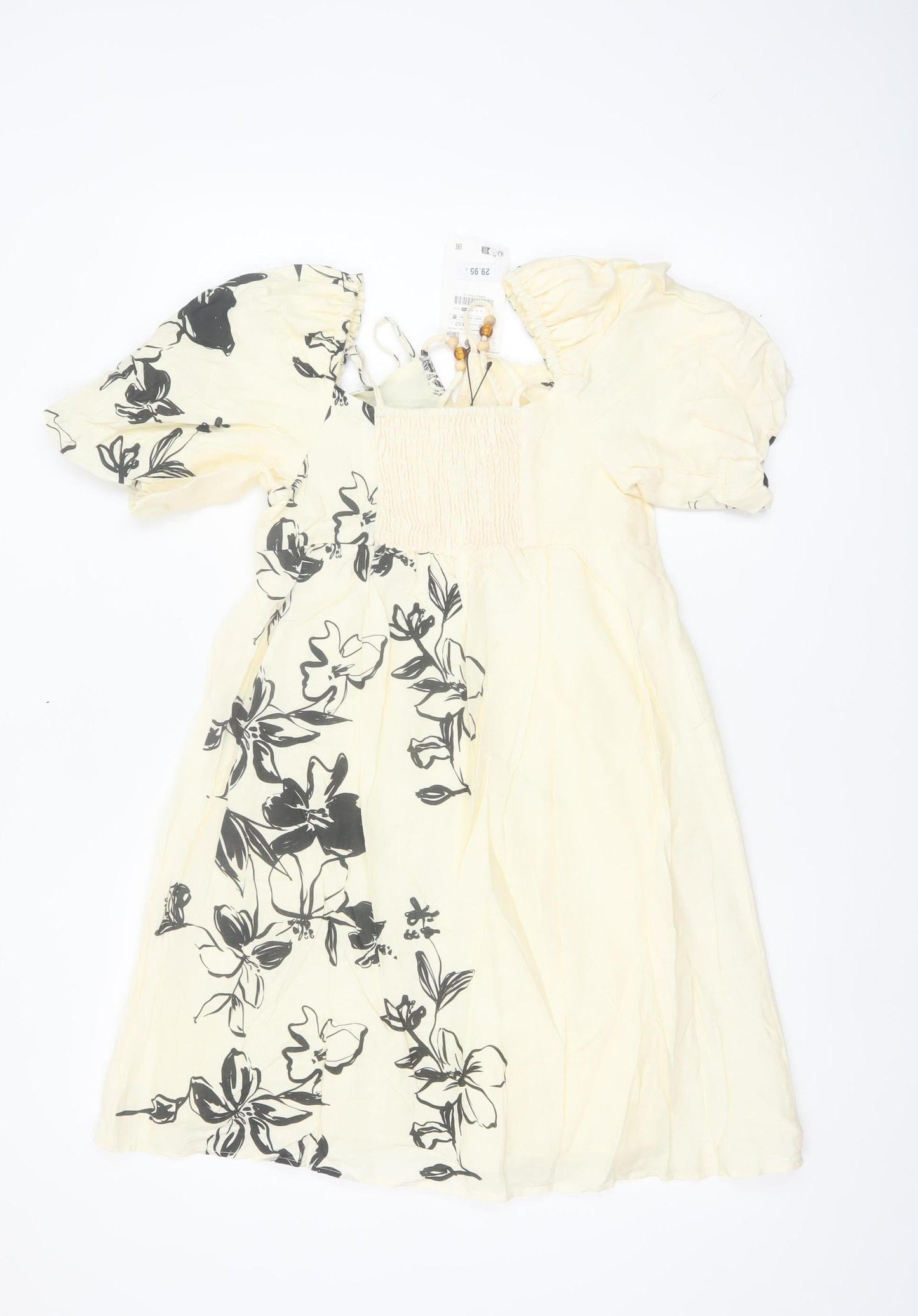 ZARA Girls Ivory Floral Linen Blend Puff Sleeve A-Line Dress 11-12 Years