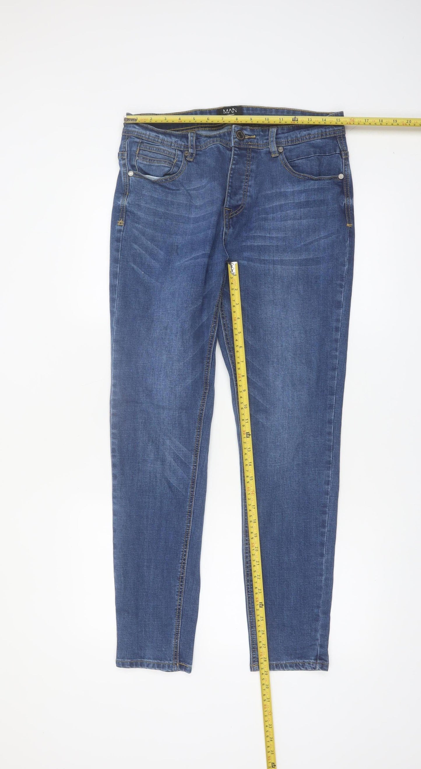 boohooMAN Men's Blue Slim Fit Denim Jeans Size 36 Mid Rise Skinny Style