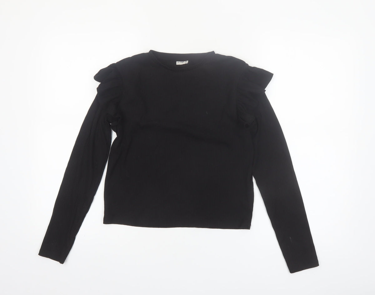 F&F Girls Black Long Sleeve Ruffle Ribbed Pullover Top 12-13 Years