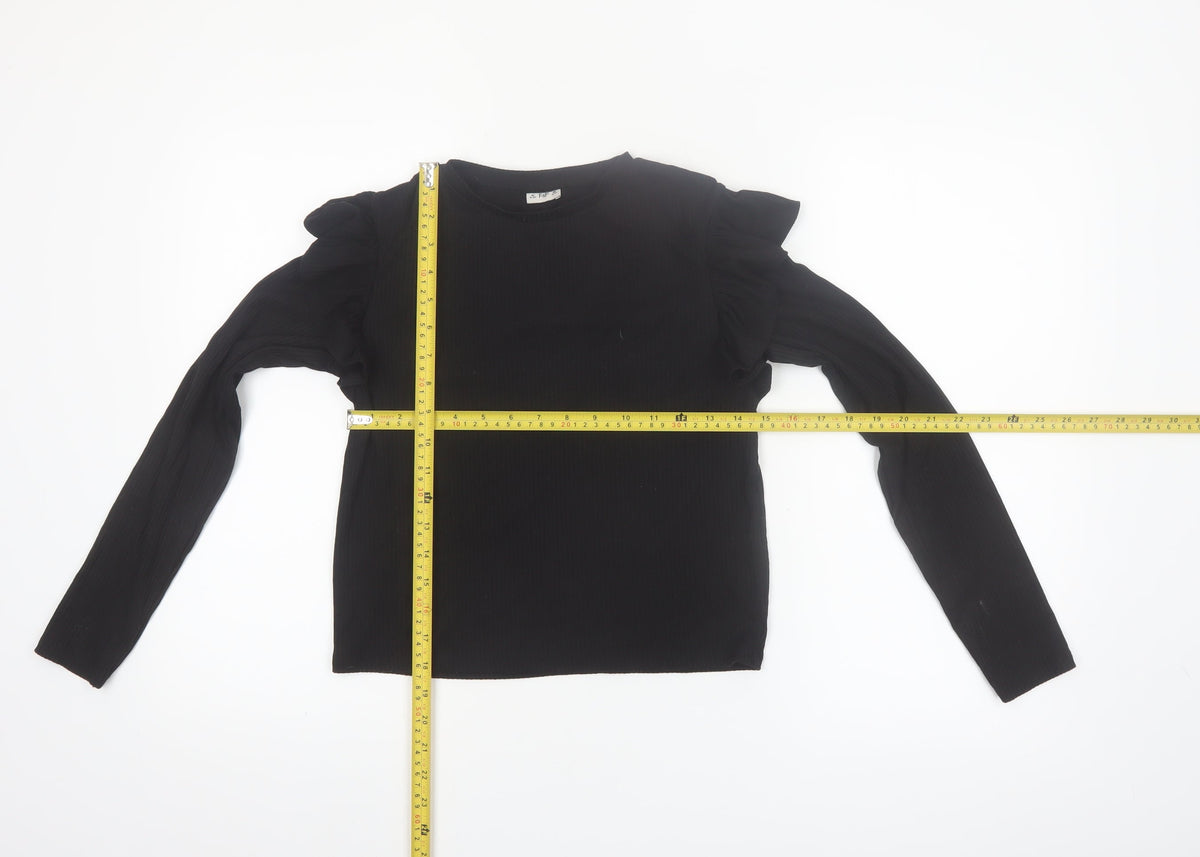 F&F Girls Black Long Sleeve Ruffle Ribbed Pullover Top 12-13 Years