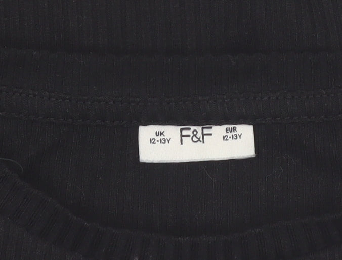F&F Girls Black Long Sleeve Ruffle Ribbed Pullover Top 12-13 Years