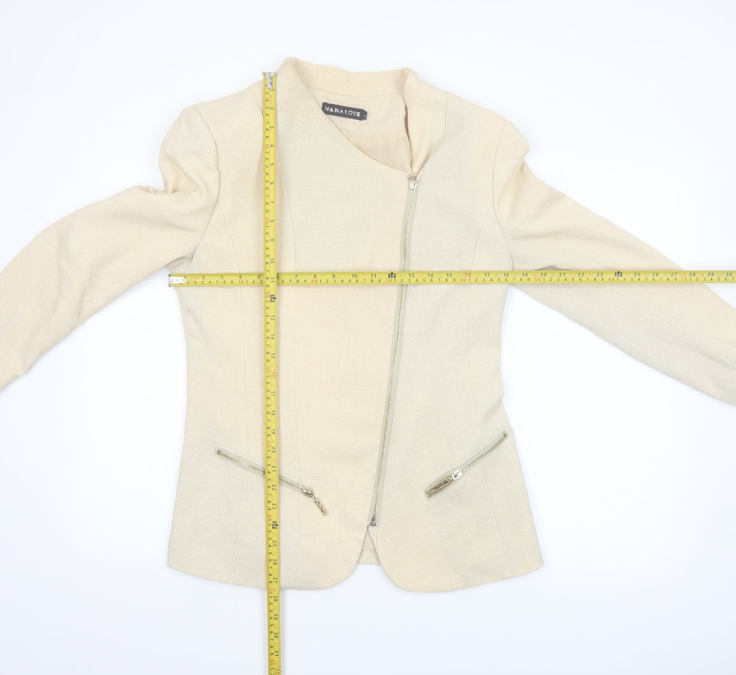 Nana Love Womens Beige L Slim Fit Biker Jacket with Zipped Pockets