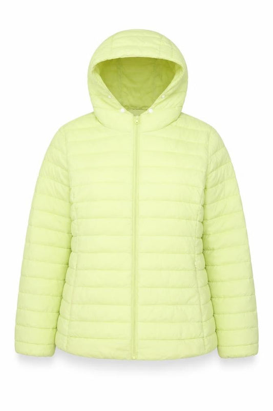 Front view of Dunnes Women's Yellow Hooded Puffer Jacket, size 16