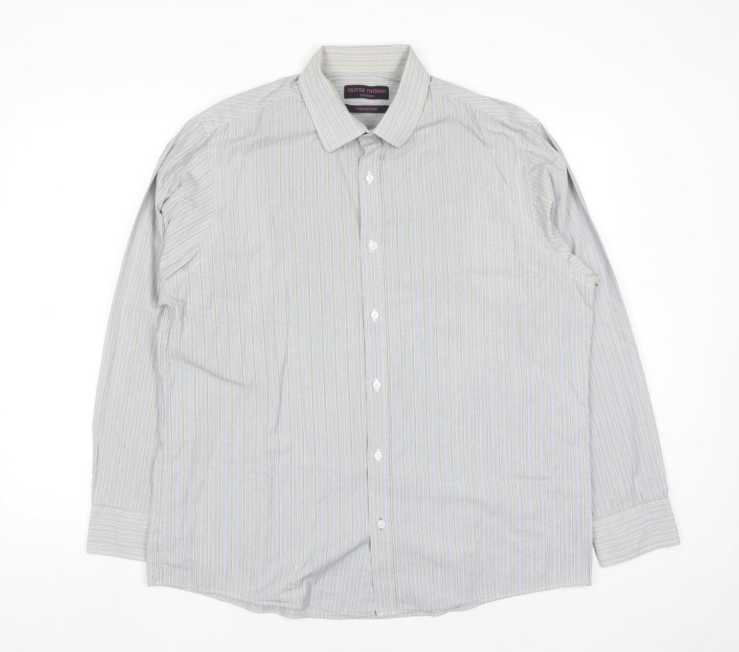 Oliver Thomas Men's Grey Striped Cotton Long Sleeve Button-Up Shirt Size 17