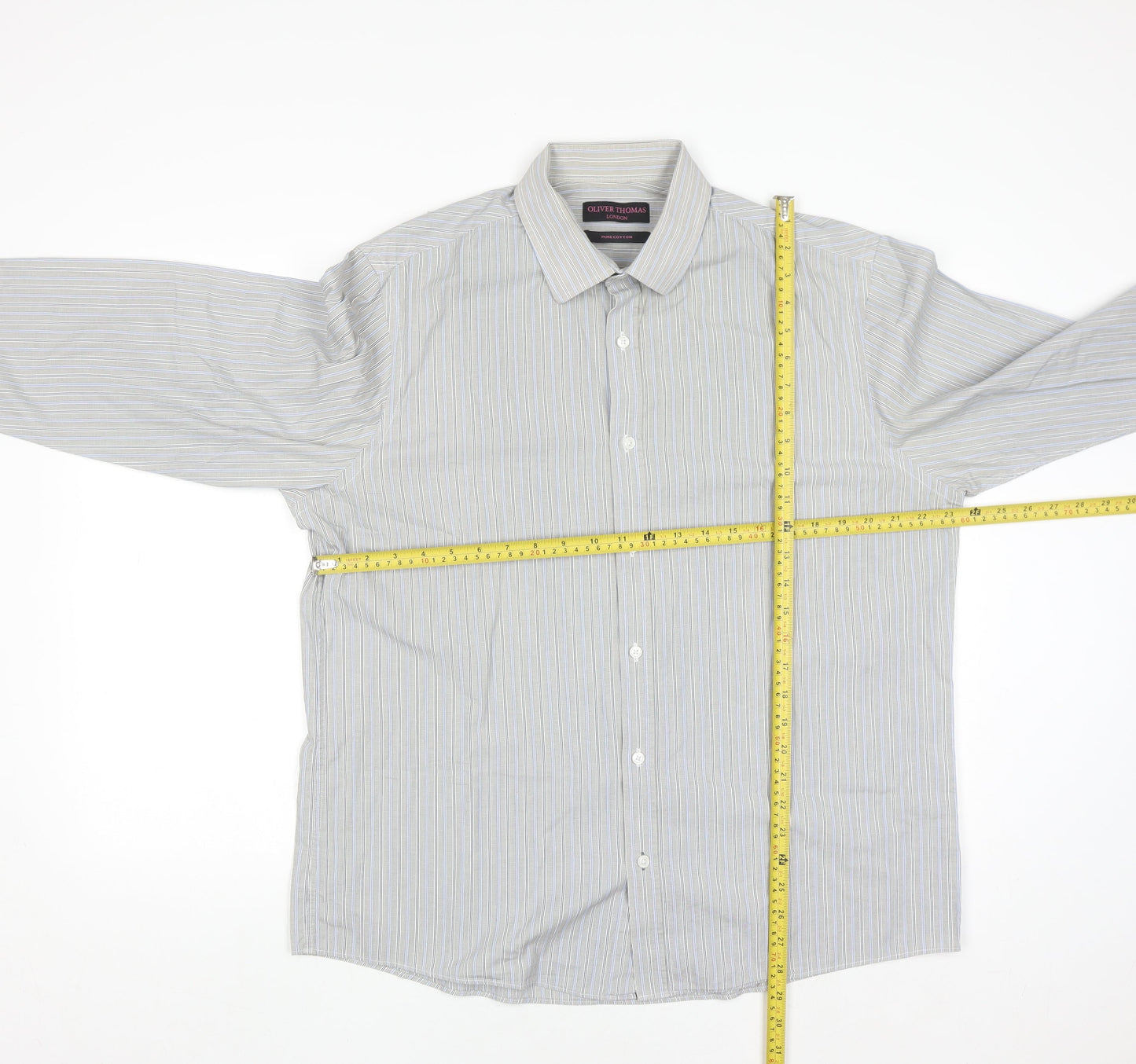 Oliver Thomas Men's Grey Striped Cotton Long Sleeve Button-Up Shirt Size 17