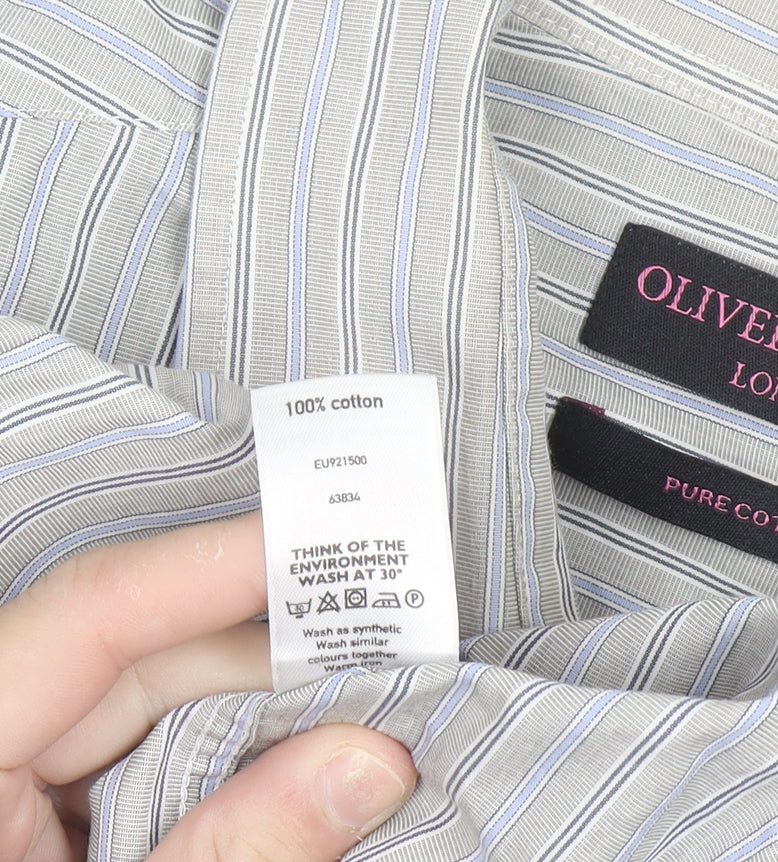Oliver Thomas Men's Grey Striped Cotton Long Sleeve Button-Up Shirt Size 17