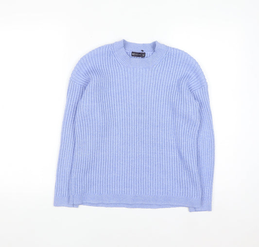 Marks and Spencer Men's Blue Ribbed Knit Crew Neck Jumper L