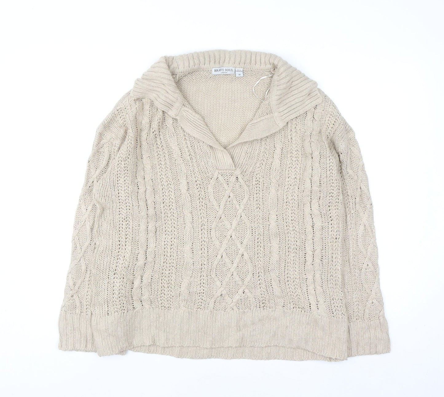 Brave Soul Women Beige Cable Knit Collared Pullover Jumper Size 14