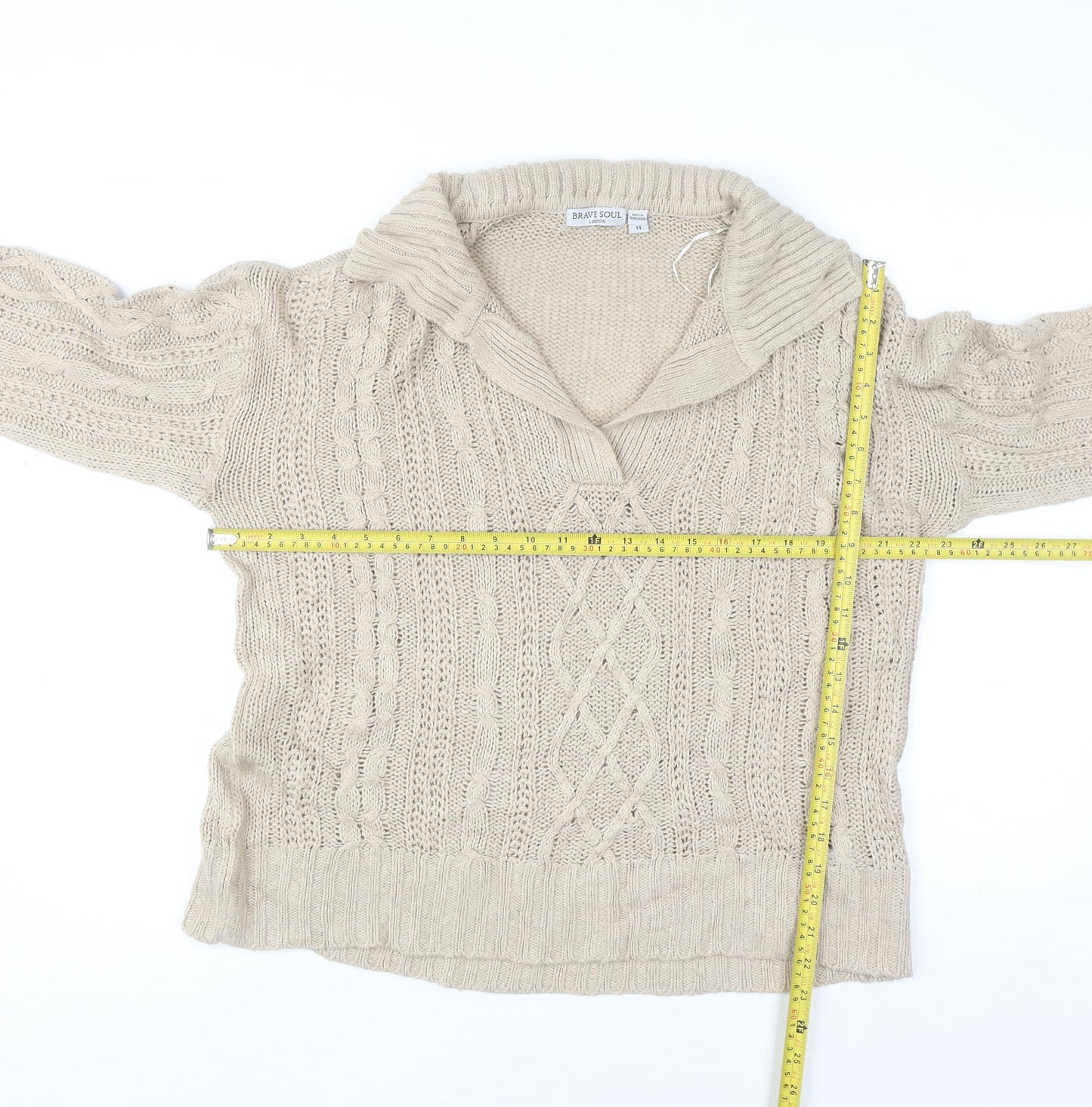 Brave Soul Women Beige Cable Knit Collared Pullover Jumper Size 14