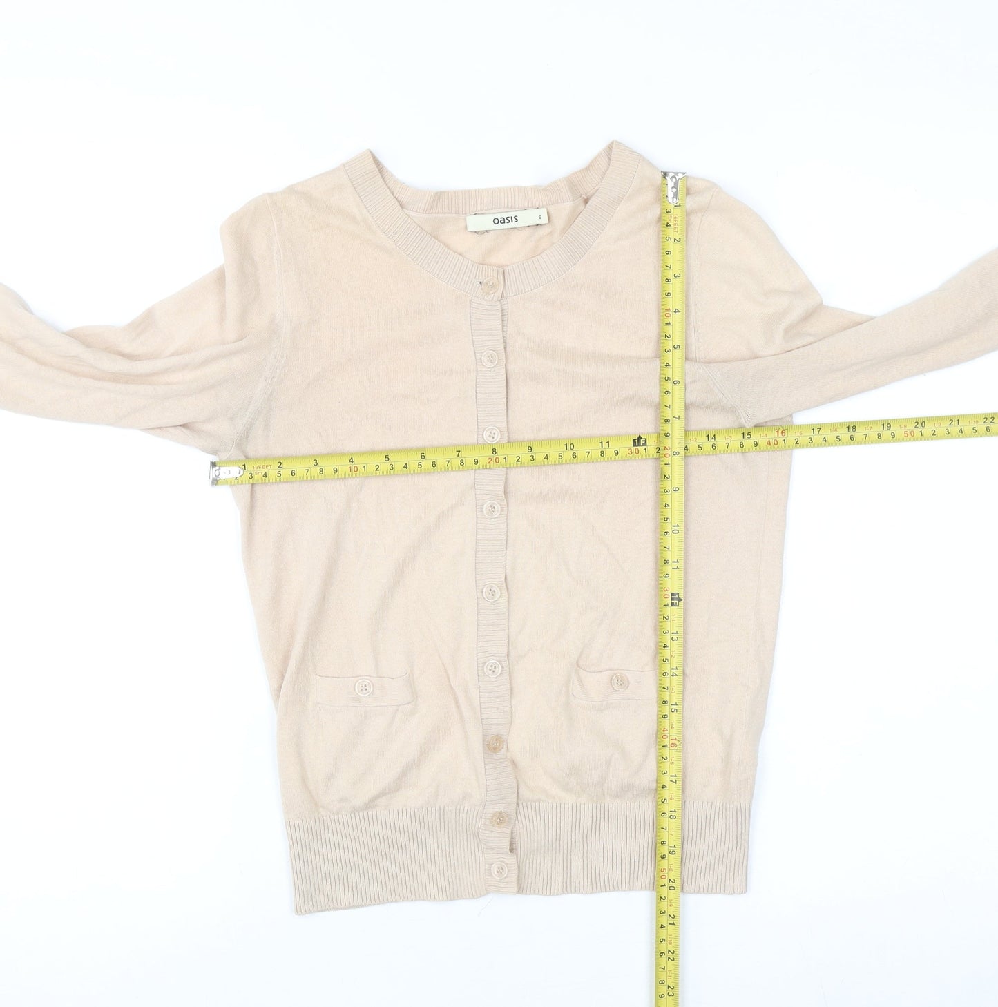 Oasis Women’s Beige Cotton Knit Cardigan Size S Crew Neck