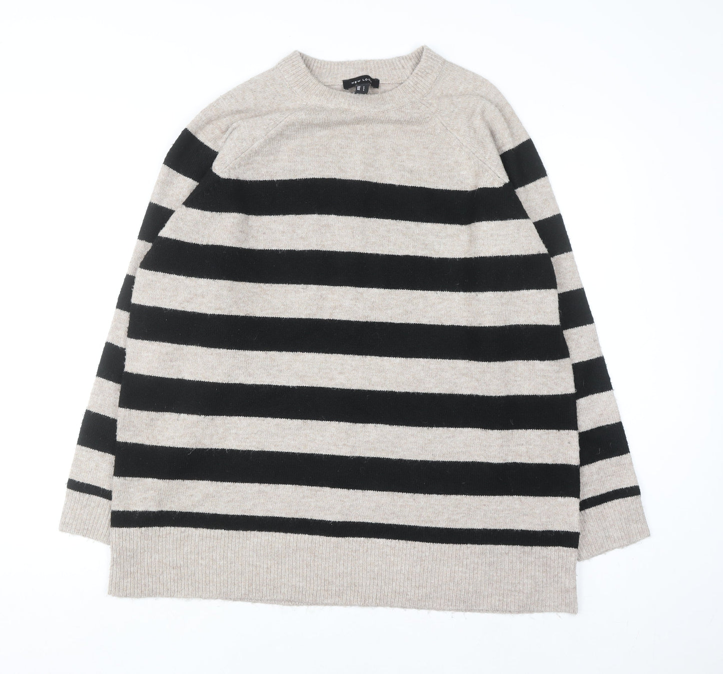 New Look Women Beige Black Striped Long Sleeve Pullover Jumper L