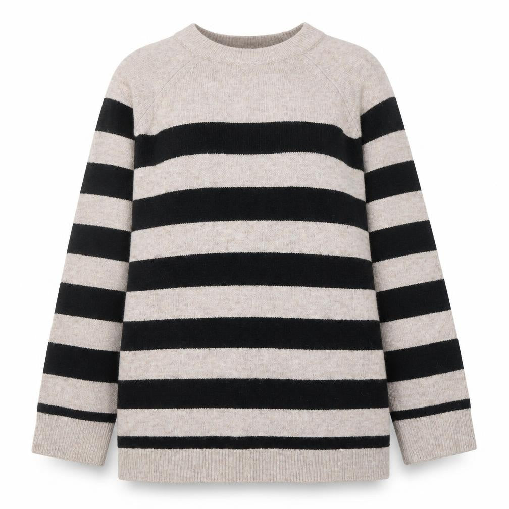 New Look Women Beige Black Striped Long Sleeve Pullover Jumper L