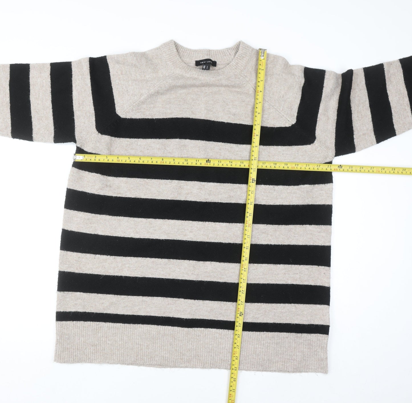 New Look Women Beige Black Striped Long Sleeve Pullover Jumper L